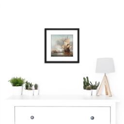 Artery8 The Cannon Shot Battle At Sea Illustration 8X8 Inch Square Wooden Framed Wall Art Print Picture with Mount in Black - thumbnail 2