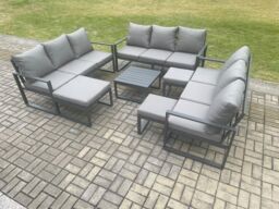Fimous Aluminium Outdoor Garden Furniture Set Patio Lounge Sofa with Square Coffee Table 3 Footstools Conservatory Set Dark Grey - thumbnail 2
