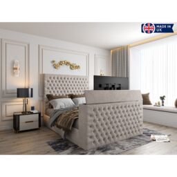 HOB Furniture Tara Upholstered Soft Velvet Tv Bed Frame, Luxury French Velvet, Pebble in Light Grey - Size: King - thumbnail 4