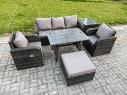 Fimous Rattan Wicker Garden Furniture Patio Conservatory Sofa Set with Dining Table Reclining Chair Big Footstool in Dark Grey - thumbnail 2