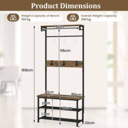Gymax Entryway Organiser With Bench & Shoe Cupboard Industrial Coat Rack in Brown - thumbnail 2