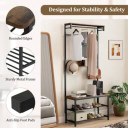 Gymax Entryway Organiser With Bench & Shoe Cupboard Industrial Coat Rack in Brown - thumbnail 3