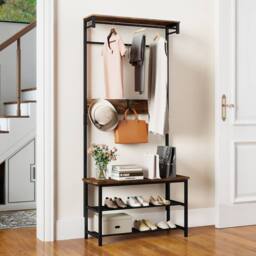 Gymax Entryway Organiser With Bench & Shoe Cupboard Industrial Coat Rack in Brown - thumbnail 8