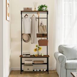 Gymax Entryway Organiser With Bench & Shoe Cupboard Industrial Coat Rack in Brown - thumbnail 6