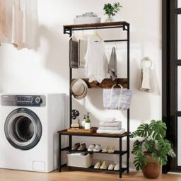 Gymax Entryway Organiser With Bench & Shoe Cupboard Industrial Coat Rack in Brown - thumbnail 9