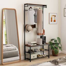 Gymax Entryway Organiser With Bench & Shoe Cupboard Industrial Coat Rack in Brown - thumbnail 7