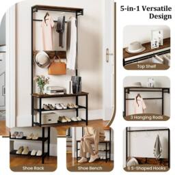 Gymax Entryway Organiser With Bench & Shoe Cupboard Industrial Coat Rack in Brown - thumbnail 5