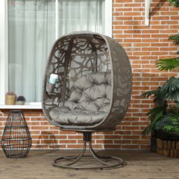 OUTSUNNY Foldable Egg Chair with Cushions, Indoor Outdoor Swivel Lounger in Brown - thumbnail 1