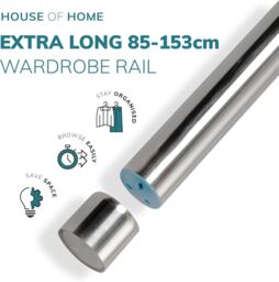House of Home Extendable Wardrobe Pole 85-153CM Adjustable Rail Hanger Steel Heavy Duty Easy Assemble in Silver - thumbnail 3
