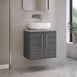 Balterley Level 600mm Wall Hung 2 Door, Laminate Worktop - Anthracite Woodgrain in Grey - thumbnail 4