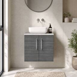 Balterley Level 600mm Wall Hung 2 Door, Laminate Worktop - Anthracite Woodgrain in Grey - thumbnail 6
