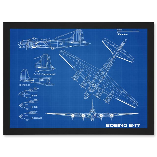Artery8 US Airforce Boeing B-17 Flying Fortress Plane Blueprint Plan Artwork Framed Wall Art Print A4 in Black - image 1