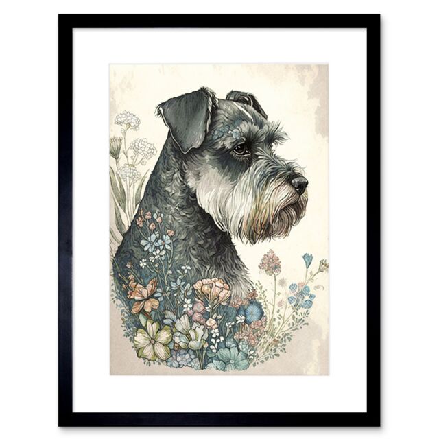 "Artery8 Wall Art Print Grey Schnauzer Dog & Spring Flowers Boho Portrait Watercolour Artwork Framed 9X7 Inch in Black - Size: W7"" x H9""" - image 1