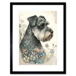 "Artery8 Wall Art Print Grey Schnauzer Dog & Spring Flowers Boho Portrait Watercolour Artwork Framed 9X7 Inch in Black - Size: W7"" x H9""" - thumbnail 1