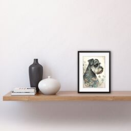 "Artery8 Wall Art Print Grey Schnauzer Dog & Spring Flowers Boho Portrait Watercolour Artwork Framed 9X7 Inch in Black - Size: W7"" x H9""" - thumbnail 2