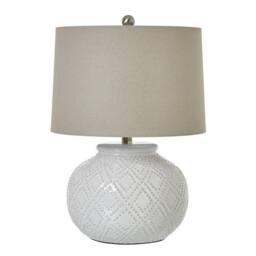 Lemon Pavilion Furniture and Decor Squat Beaded Lamp with Linen Shade, Ceramic, L38 x W38 x H56 cm, White