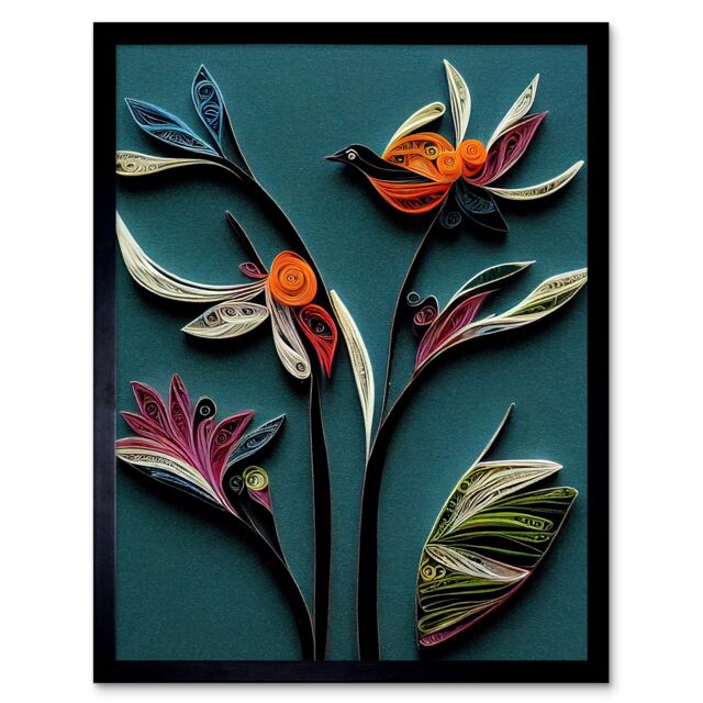 "Artery8 Wall Art Print Modern Paper Quilling Bird on Exotic Flower Plant Leaves Blue Orange Teal Art Framed in Black - Size: W12"" x H16""" - image 1