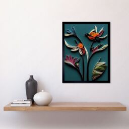 "Artery8 Wall Art Print Modern Paper Quilling Bird on Exotic Flower Plant Leaves Blue Orange Teal Art Framed in Black - Size: W12"" x H16""" - thumbnail 2