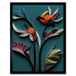 "Artery8 Wall Art Print Modern Paper Quilling Bird on Exotic Flower Plant Leaves Blue Orange Teal Art Framed in Black - Size: W12"" x H16""" - thumbnail 1