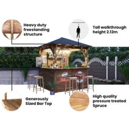 Dunster House Garden Bar 2.5x2.5m Wooden Outdoor Pub Shed with Black Roof Shingles, Leviathan in Brown - thumbnail 4