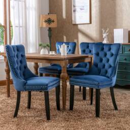 Modern Home Touch Romsey Set of 4 Velvet Upholstered Dining Chairs with Oak Legs & Knocker Ring Back in Blue - Size: 4 Pack - thumbnail 1