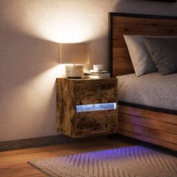 Berkfield Home Wall-mounted Bedside Cabinet with LED Lights Smoked Oak in Brown - thumbnail 3