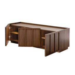 CALICOSY 3-Door TV Stand In Walnut Effect With Shelf, 140 Cm Wide - ABEL in Dark Brown - thumbnail 2