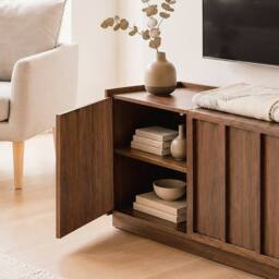 CALICOSY 3-Door TV Stand In Walnut Effect With Shelf, 140 Cm Wide - ABEL in Dark Brown - thumbnail 5