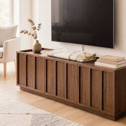 CALICOSY 3-Door TV Stand In Walnut Effect With Shelf, 140 Cm Wide - ABEL in Dark Brown - thumbnail 3