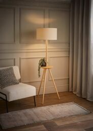 ValueLights Desmond Side Table Tripod Floor Lamp with Natural Linen Lamp Shade