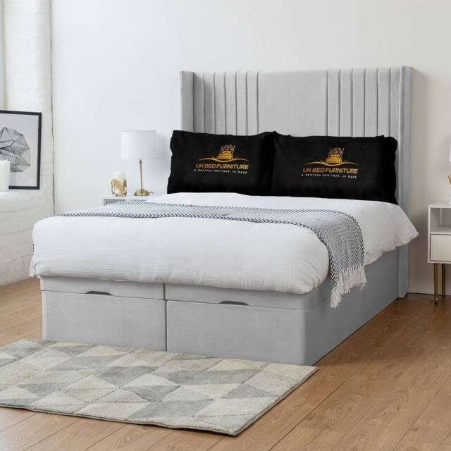 UK Bed Furniture Luxor Wingback End Lift Divan Ottoman Bed with 54 Inch Headboard in White - Size: Super King - image 1