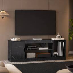 STILVORA TV Stand with Cabinet & Glass Shelf in Black - thumbnail 1