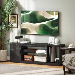 STILVORA TV Stand with Cabinet & Glass Shelf in Black - thumbnail 3