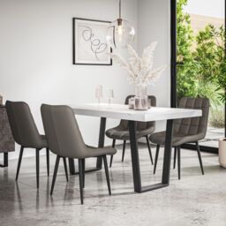 More4Homes Aria Dining Table & Chairs - White Marble Effect Table Top w Black Legs + Nova Faux Leather Dining Chair Set Of 4 in Grey