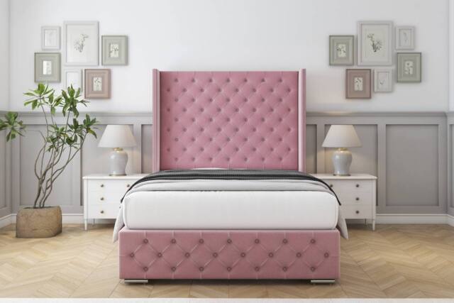 "Sloomy Arundel Plush Bed Frame With 50"" Upholstered Wingback Headboard in Pink - Size: Single" - image 1