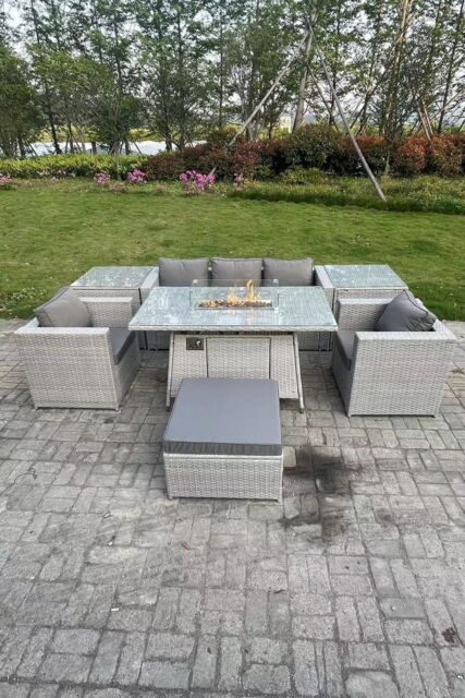 Fimous Rattan Garden Furniture Set Gas Fire Pit Lounge Sofa Chair Dining Set With 2 Side Table in Light Grey - image 1