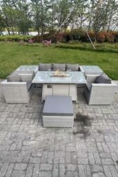 Fimous Rattan Garden Furniture Set Gas Fire Pit Lounge Sofa Chair Dining Set With 2 Side Table in Light Grey - thumbnail 3