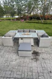 Fimous Rattan Garden Furniture Set Gas Fire Pit Lounge Sofa Chair Dining Set With 2 Side Table in Light Grey - thumbnail 1