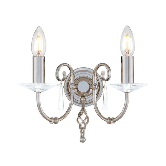 Loops Twin Wall Light Cut Glass Droplets Swirl Finial Polished Nickel LED E14 60W in Metallics