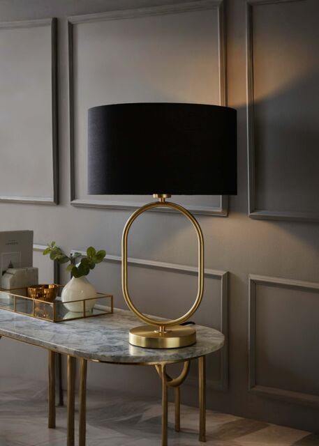 ValueLights Antonia Fabric Drum Lamp Shade Brushed Gold Oval Table Lamp in Black - image 1