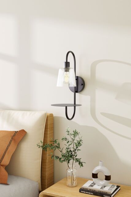 H&O Direct Transparent Glass Lampshade Wall Light with Tray in Black - image 1