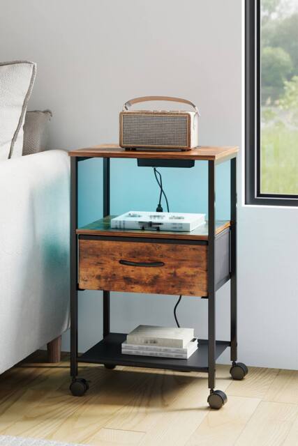 Living and Home Nightstand Bedside Table with Charging Station and LED Lights in Brown - image 1
