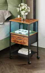 Living and Home Nightstand Bedside Table with Charging Station and LED Lights in Brown - thumbnail 3