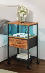 Living and Home Nightstand Bedside Table with Charging Station and LED Lights in Brown - thumbnail 4