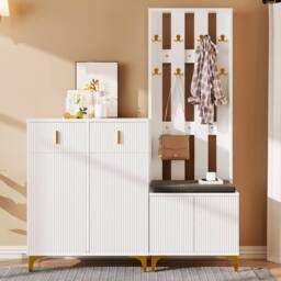 Matteo Wavy Texture Hallway Wardrobe - Gold Detail - Modern - Storage Cabinet in White