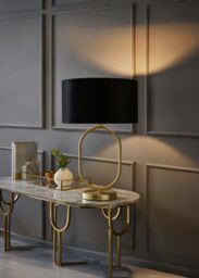 ValueLights Antonia Black Velvet Drum Lamp Shade Brushed Gold Oval Table Lamp with LED Bulb