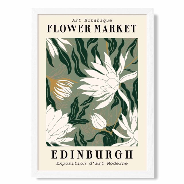 ARTZE Edinburgh Green & White Flower Market Exhibition Framed Print SIZE: A2 with White Frame in Beige - Size: A4 - image 1