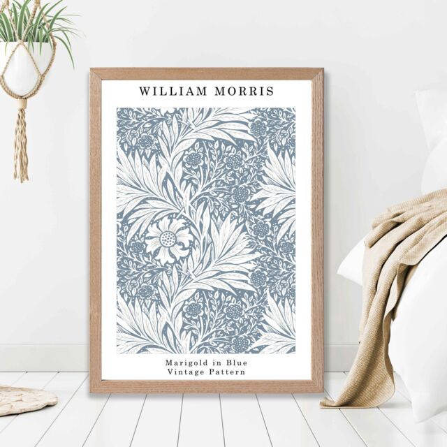 ARTZE William Morris Marigold in Blue Art Print / Oak Frame / SIZE: A4 in Mid Blue - image 1