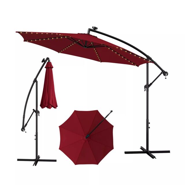 Costway 3 m Patio Solar-Lighted 112 LED Cantilever Offset Umbrella W/ Crank Tilt in Red - image 1