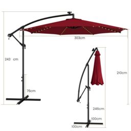 Costway 3 m Patio Solar-Lighted 112 LED Cantilever Offset Umbrella W/ Crank Tilt in Red - thumbnail 6